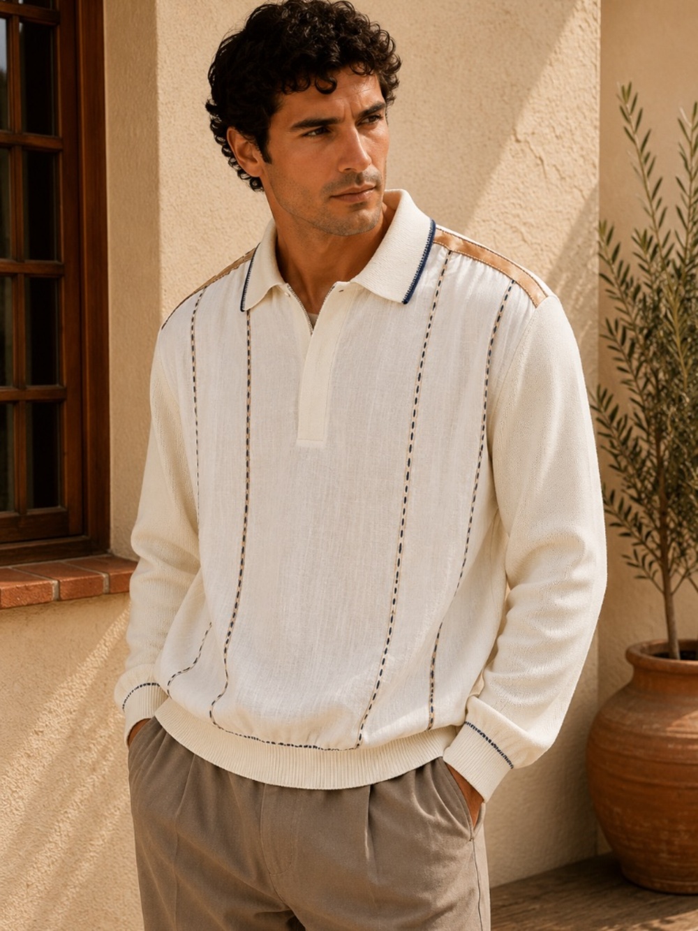 Vintage Torras Linen Leather Trim Coastal Quarter Zip Pullover Spain